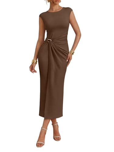 LILLUSORY Women's 2026 Summer Bodycon Midi Dress Wedding Guest Elegant Ruched Split Party Cocktail Wrap Dresses Fashion Casual Slim Fit Trendy Cruise Outfits Brown XL - Image 1