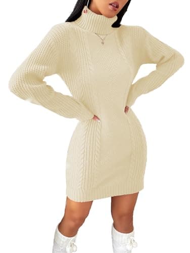SunnyMelody Womens Turtleneck Cable Knit Sweater Dress Fall Winter 2025 Christmas Ugly Sweaters Cute Ladies Dressy Casual Long Sleeve Mini Dresses Cream Almond L - Image 1