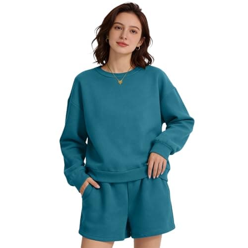 Anyshe Women's 2 Piece Fleece Lined Short Set - High Waisted Crew Neck Sweatshirt & Shorts, Soft Cozy Loungewear for Air Conditioned Rooms & All Season Wear, Denim Blue, Small - Thumbnail 4