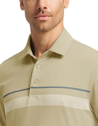 M MAELREG Mens Polo Shirts Short Sleeve Casual Performance Lightweight Striped Print Business Collared Golf Shirts Dark Khaki - Thumbnail 4