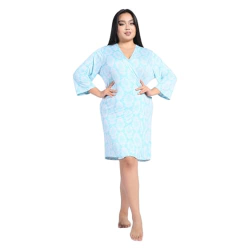 wearbamboo Real Essentials ：V-Neck 3/4 Sleeves womens robe-Viscose cozy robes for women soft ladies bathrobe comfty women's nightgowns and sleepshirts Blue Floral Pattern - Image 1