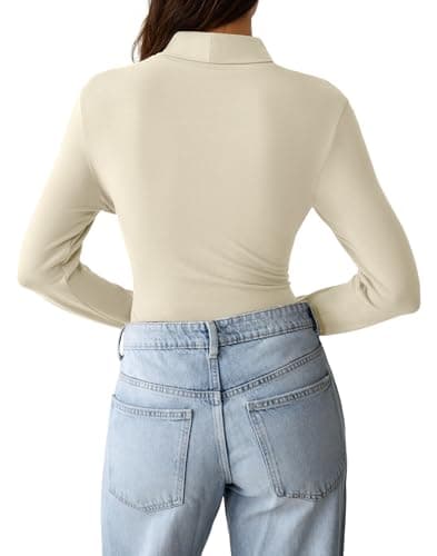 GKBK Womens Long Sleeve Shirts Mock Turtleneck Turtle Neck Fall Fashion Basic Thermal Underwear Layer Tops Tight Slim Fit Cute Ribbed T-Shirts Winter Pullover Clothes 2025 Beige L - Thumbnail 3