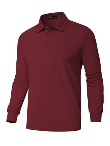 Promen polo Men's Classic Long Sleeve Polo Shirts Casual Lightweight Solid Golf Shirts with Pocket Wine Red L - Image 1