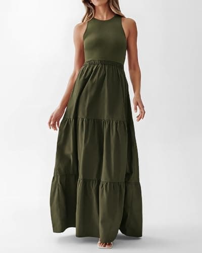 BTFBM Women Sleeveless Summer Dresses Wedding Guest Maxi Dresses Ribbed Knit Tops and Polyester Skirt with Pockets(Solid Army Green,Large) - Thumbnail 4
