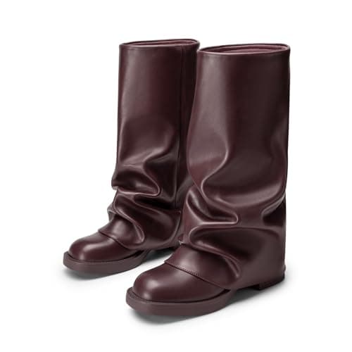 Athlefit Women's Fold Over Mid Calf Boots Slouchy Platform Low Heel Square Toe Slip On Wide Calf Burgundy Boots for Club Date Night Size 11 - Thumbnail 6