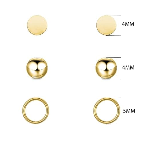 BOGKU 3 Pairs Titanium Earring Studs - Women Gold Stud Earrings Hypoallergenic Nickel Free Dot Ball Circle Earrings for Sensitive Ears Men Earring Studs - Thumbnail 2