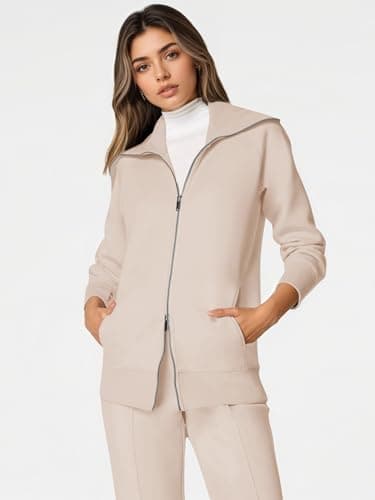 COCOMARTS Womens Crewneck Sweatshirts Zip Up Hoodies Casual Jacket with Pockets 2025 Fall Winter Fahsion Outfits Clothes Apricot Small - Thumbnail 2