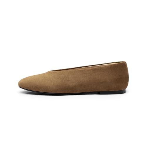 Athlefit Ballet Flat Shoes for Women Closed Round Toe Ballerina Flats Comfortable Slip On Casual Dress Shoes for Office Work Brown Suede Size 11 - Thumbnail 6