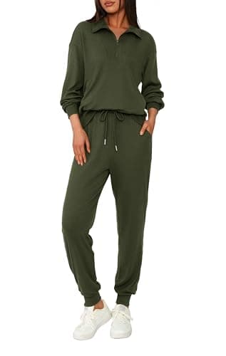 BTFBM Women's 2 Piece Tracksuit Spring Outfits 2026 Long Sleeve Half Zip Sweatshirt Sweatpants Lounge Set Sweatsuits(Solid Army Green,Large) - Image 1