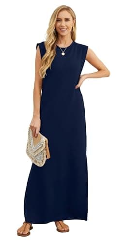 HiMONE 2026 Petite Women Year-Round Casual Round Neck Loose Split Wrinkle-Free Long Maxi Vacation Dress with Pockets Navy Blue - Thumbnail 2