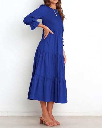 BTFBM Women Casual Long Sleeve Dress Fall Dresses 2025 Solid Color Relaxed Fit Smocked Tiered Flowy Boho Long Dresses(Solid Royal Blue,Medium) - Thumbnail 4