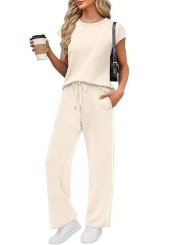 PRETTYGARDEN Two Piece Sets for Women 2026 Summer Vacation Outfits Cap Sleeve Tops Lounge Pants Matching Set Fashion Clothing (Beige,Small) - Image 1