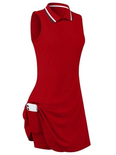 FREEYE Women's Sleeveless Golf Tennis Dress Pickleball Outfits Polo Active Desses with Shorts Trendy Female Sports Attire Red XL - Image 1