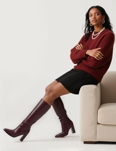 Easyfox Burgundy Tall Boots for Women Knee High Boots Pointed Toe Chunky Heel Fall Long Boots Size 9 - Thumbnail 2