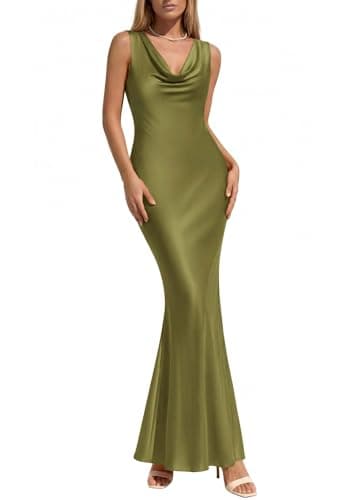 KIRUNDO Womens Summer Cowl Neck Sleeveless Satin Maxi Dress Elegant Bodycon Cocktail Wedding Guest Party Long Dresses(Army Green, X-Large) - Image 1