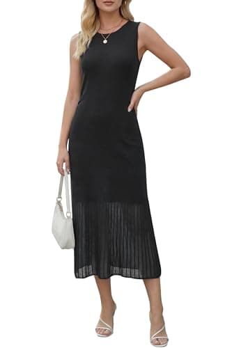 Arach&Cloz Women's Summer Midi Tank Dresses 2026 Sleeveless High Neck Ruched Shift Basic Knit Bodycon Maxi Long Dress Spring Fashion Business Work Clothes Date Night Wedding Guest Outfits Black M - Image 1