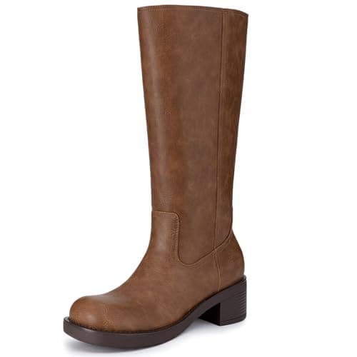 Athlefit Brown Knee High Boots for Women Chunky Heel Fall Tall Boots Square Toe Pull On Platform Casual Long Booties Size 9.5 - Image 1