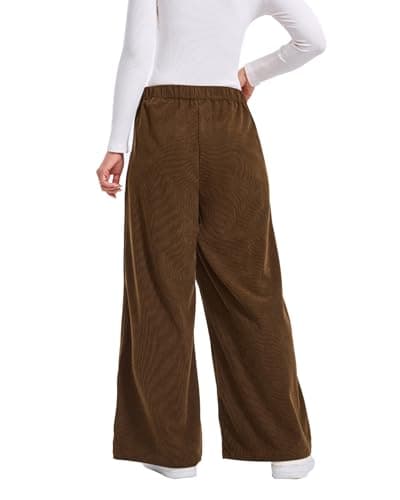 Ystguic Women's High Empire Elastic Waist Corduroy One Button Zipper Wide Leg Palazzo Coffee Chocolate Brown Pant with Pockets Casual Spring Summer Loose Vocation Holiday Comfy Slack Trousers - Thumbnail 5
