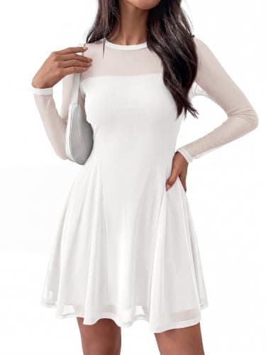 BTFBM Women’s Mini Dress Sheer Mesh Long Sleeve Flowy A Line Casual Cocktail Party Going Out Dresses 2026 Fall Fashion(White, Small) - Thumbnail 6
