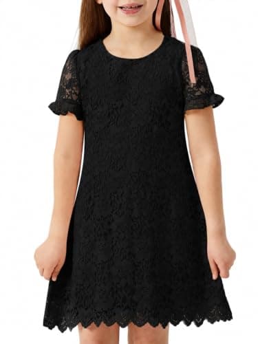 ALLOVIN Girls & Toddlers Graduation Soft Lace A-Line Short Sleeve Birthday Party Flower Girl Dress Wedding Communion | Black | 10-11Y