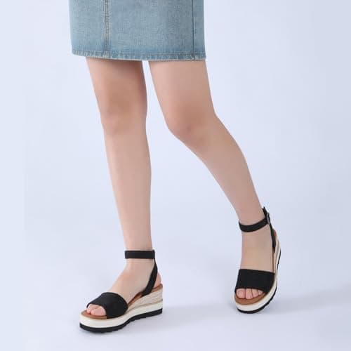 Athlefit Women's Platform Sandals Buckle Ankle Strap Open Toe Espadrille Black Wedge Sandals Size 7.5 - Thumbnail 2