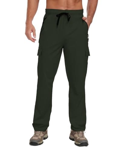 Mens Cargo Hiking Pants with 4 Pockets Waterproof Quick Dry Lightweight UPF 50+ Elastic Waist Drawstring Casual Work Travel Outdoor Fishing Army Green S - Thumbnail 4