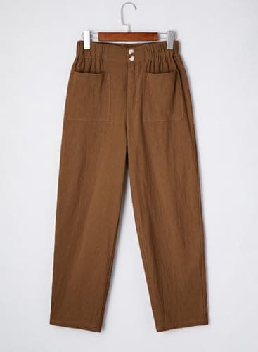 Dokotoo Womens Linen Pants Women 2026 Fashion Business Summer Capri Pants Travel Outfits for Women High Waisted Trouser Flowy Breathable Lady Slacks Basic Cotton Fall Clothes Palazzo Chestnut 2XL - Thumbnail 5