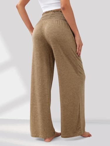 GEMLON Womens Wide Leg Pants High Waisted Palazzo Pants Summer Flowy Lounge Trousers Pants with Pockets Dark Khaki L - Thumbnail 2