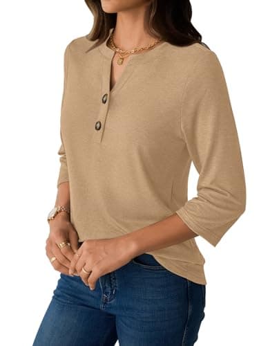 GKBK Womens Tops 3/4 Length Sleeve V Neck Button Down Short Sleeve Shirts Business Casual Basic Tees Summer Fashion 2026 Dressy Casual Going Out Blouses Trendy Outfits Khaki M - Thumbnail 4