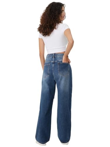 Genleck Women Loose Ripped Boyfriends Jeans High Waist Baggy Denim Pants Distressed Wide Leg Jeans Y2K（Deep Blue，L） - Thumbnail 4