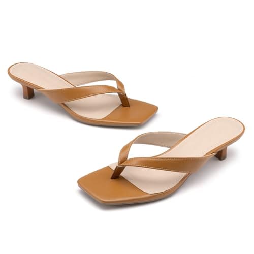 Athlefit Women's Kitten Heels Flip Flops Square Open Toe Low Heels Slip On Comfortable Casual Thong Slide Sandals Tan Size 8.5 - Thumbnail 6