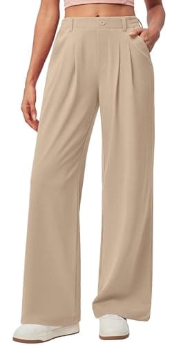 IUGA Wide Leg Pants Woman Pull on Stretchy Work Dress Pants High Waisted Business Casual Trousers Slacks Standard, Small, Light Khaki - Image 1