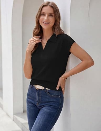 LaGracia Womens Cropped Short Sleeve Sweaters Business Casual Collared Polo Sweaters Lightweight Wool Blend Crop Tops Spring Summer Outfits Black S - Thumbnail 5