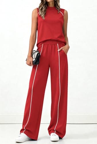 BTFBM Womens 2 Piece Lounge Set 2026 Striped Travel Outfits Sweatsuit Mock Neck Tank Top Wide Leg Pants Casual Activewear(Red, Large) - Thumbnail 5