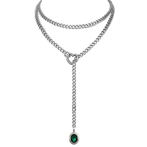 EverGlimp Heart Slip Chain Necklace for Women, 39 Inch Extra Long Cuban Chain, Removable Heart O-Ring, Crystal Pendant, Double Layer Adjustable Stainless Steel Y-Necklace, Statement Jewelry - Image 1
