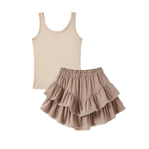 PATPAT Girls Skirt Sets Size 13-14, Khaki Crop Tank Tops + Pleated Skirts with Built in Shorts 2 Piece Outfits, Tween Girls Trendy Clothes Y2K Outfits Streetwear - Image 1