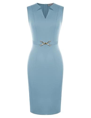 GRACE KARIN Work Dresses for Women 2026,V Neck Business Office Bodyon Dress,Sleeveless Pencil Semi Formal Midi Dress Gray Blue M - Image 1