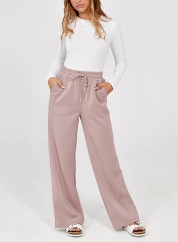 Dokotoo Womens Pants Fall Business Casual Palazzo Pants for Women Elastic Waisted Loose Straight Leg Ladies Trendy Pants Dusty Pink - Thumbnail 2