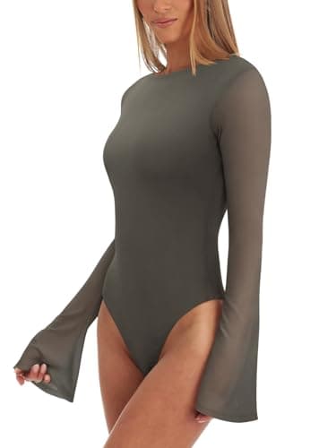 REORIA Women’s Fashion Sexy Boat Neck Classy Bell Sleeve Double Lined Sheer Mesh Cute Night Out Bodysuit Tops For Party Grey Green X-Large - Thumbnail 3