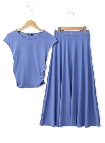 Dokotoo Blue 2 Piece Sets for Women Casual Ribbed Knit Crew Neck Short Sleeve Cropped Top Elastic Waist Swing Midi Skirts Solid Color Prom Dresses 2026 Skirt Sets Women 2 Piece Outfits XX-Large - Thumbnail 2
