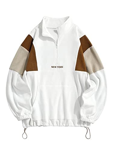 ZAFUL Men's Fluffy Polar Fleece Sweatshirt NEW YORK Embroidery Half Zip Unisex Hoodie White 2XL - Image 1