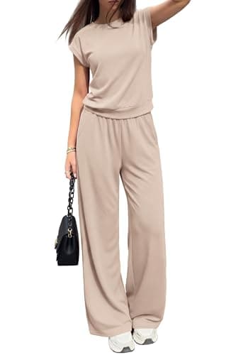PRETTYGARDEN Women's Summer 2 Piece Lounge Sets 2026 Cap Sleeve Tops Wide Leg Pants Workout Sets Loose Casual Tracksuit(Beige,Small) - Thumbnail 3