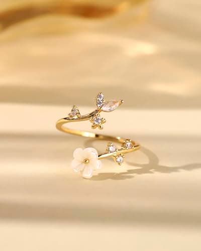Solistra Rings for Women Non Tarnish, 14K Gold Plated Open Pearl Flower Band Adjustable Cubic Zirconia Rings for Women - Thumbnail 4