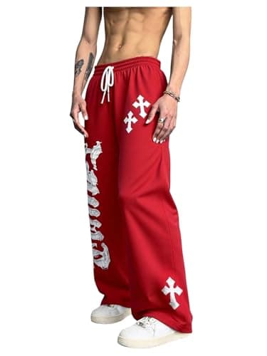GORGLITTER Men's Wide Leg Baggy Sweatpants Y2K Graphic Flared Stacked Track Pants Workout Gym Trousers Drippy Streerwear Red Cross X-Large - Thumbnail 2