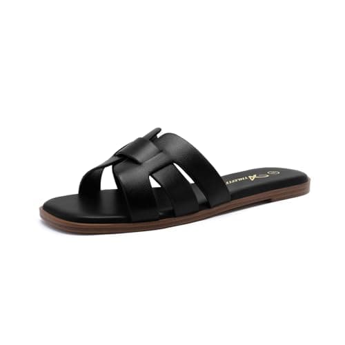 Athlefit Women's Black Flat Sandals Fashion Square Open Toe Dressy Summer Slip On Leather Slide Sandals Size 7.5 - Image 1