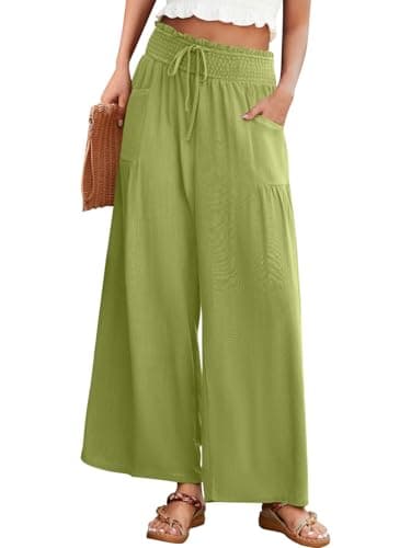 JUYUEO Linen Pants for Women 2026 Summer High Waisted Wide Leg Pants Casual Dressy Palazzo Beach Boho Pants Olive L - Image 1