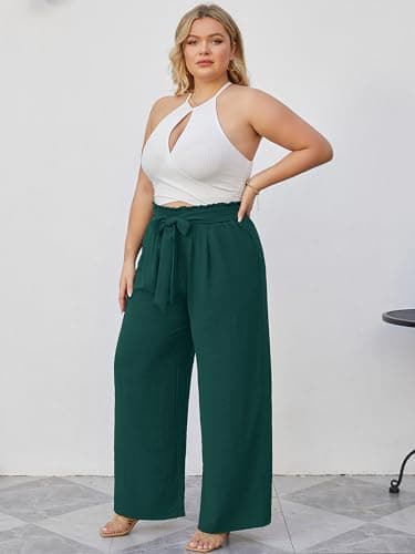 AusLook Plus Size Wide Leg Pants for Women High Waist Elastic Drawstring Palazzo Casual Lounge Beach Travel Vacation Resort Peacock Green 2X Pants with Pockets Flowy Summer Comfy Outfit - Thumbnail 3