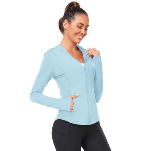 AGVNG Womens UPF 50+ Sun Protection Sun Hoodie Full Zip Jackets Lightweight Long Sleeve SPF Cooling Shirts Workout Athletic Hiking Running Tops Thumb Hole Light Blue M - Thumbnail 2