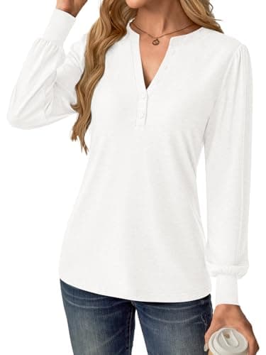GKBK Women's Puff Long Sleeve Tunic V Neck Button Blouses Fall Tops Trendy Dressy Casual Business Henley Shirts White M - Thumbnail 4