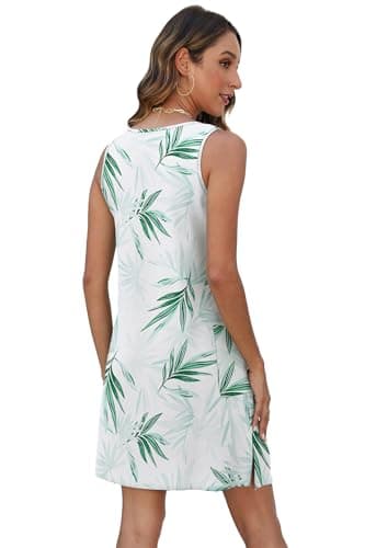 BKRIVE Summer Dresses for Women 2026 Loose Fit Round Neck Sleeveless Sundresses Beach Fashion Tank Dress with Pockets Flora Green White XL - Thumbnail 5